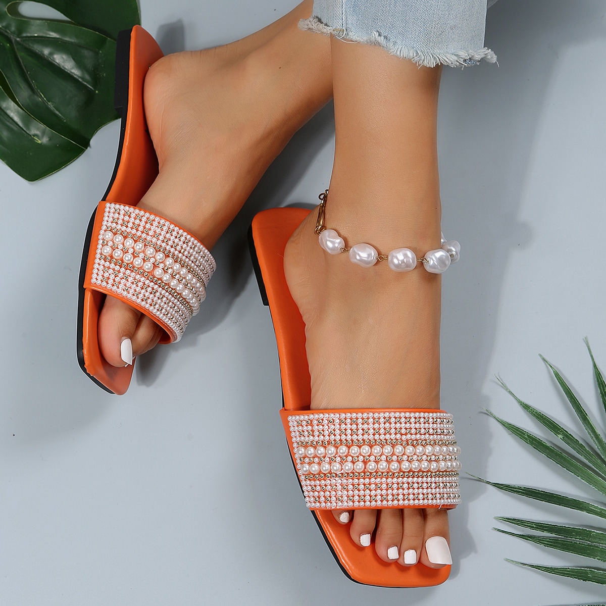 Sandalias de diapositiva plana con cuentas para mujer de talla grande con diseño de gotas de agua, puntera cuadrada, ligeras y cómodas sandalias de