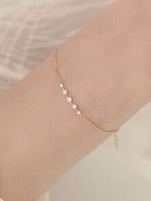 1入組簡約風基本款風格獨特&時尚極簡風格設計S925銀&方晶鋯石石頭裝飾的手環適合女士,塗層帶14K鍍金,合適的適用於日常穿著或者作為禮品 - 金色 - 查看 4