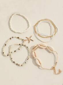 6入組/套波西米亞風格海星編織手鏈,海灘貝殼&米珠子手掌配件適合夏天