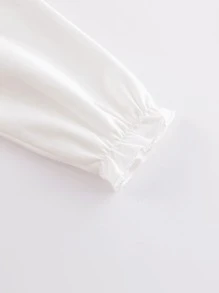 年輕女孩休閒可愛網眼刺繡細節誇大領口長袖T恤,風格 - 白色 - 查看 4