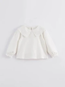 年輕女孩休閒可愛網眼刺繡細節誇大領口長袖T恤,風格 - 白色 - 查看 1
