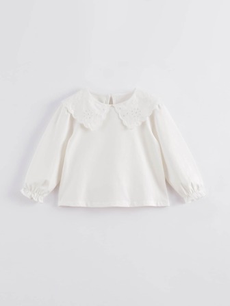 Camiseta jóven casual dulce con bordado con ojal detalle de cuello exagerado manga larga , estilo