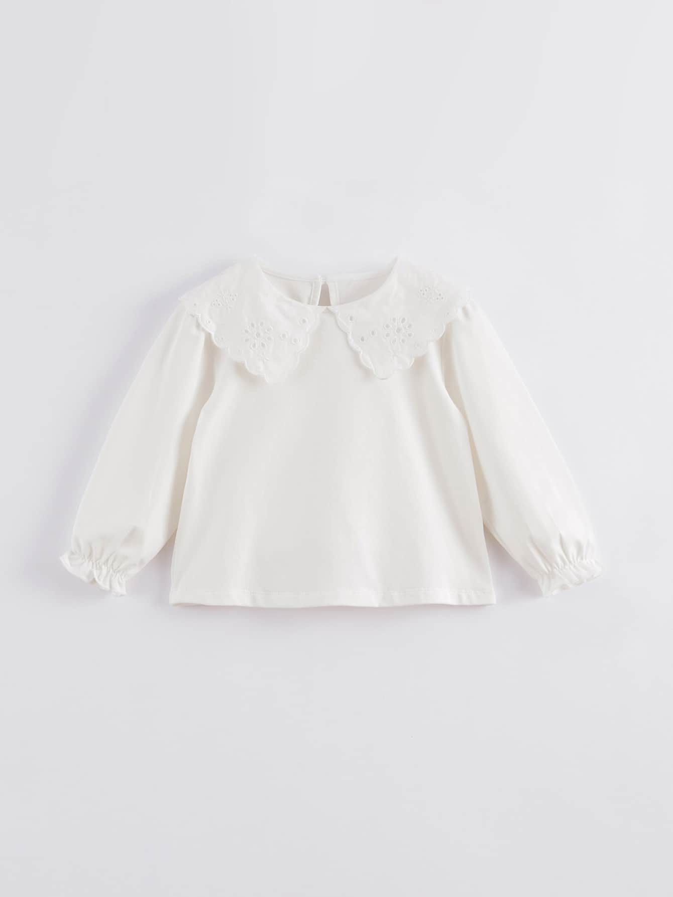 年輕女孩休閒可愛網眼刺繡細節誇大領口長袖T恤,風格 - 白色 - 查看 1