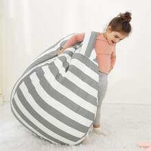 A grey stripe print bean bag cover, round cartoon big accommodation sofa plush animal storage bean bag chair cover washable zipper bean bag cover - 灰色條紋 - 查看 4