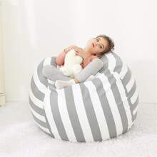 A grey stripe print bean bag cover, round cartoon big accommodation sofa plush animal storage bean bag chair cover washable zipper bean bag cover - 灰色條紋 - 查看 1