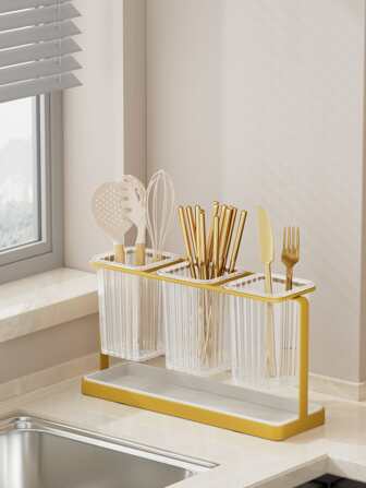 Gold Desktop 3 Cup Chopsticks Holder, Cutlery Storage Rack, Knife & Fork Storage Box, Iron Dining Room Organizer, Household Drain & Quick-drying Holder