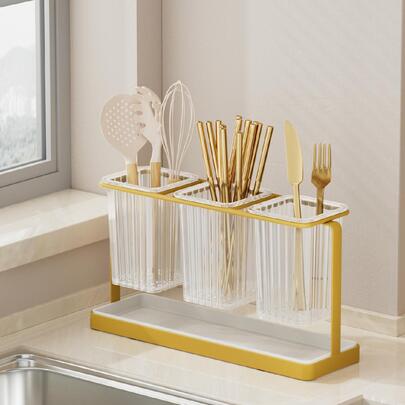 金色書桌3杯子筷子支架,刀具收納架,刀&叉收納盒,鐵餐廳收納,家用的排水&速幹支架