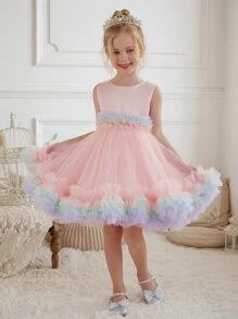 Kids Dresses Young Girl Princess Dress Piano Performance Party Wear Curved Hem Tutu Cute Flower Girl Dress Costume - Pink - View 1