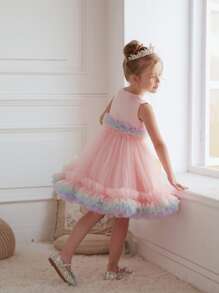 Kids Dresses Young Girl Princess Dress Piano Performance Party Wear Curved Hem Tutu Cute Flower Girl Dress Costume - Pink - View 2