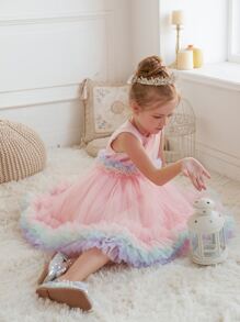 Kids Dresses Young Girl Princess Dress Piano Performance Party Wear Curved Hem Tutu Cute Flower Girl Dress Costume - Pink - View 6