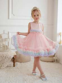 Kids Dresses Young Girl Princess Dress Piano Performance Party Wear Curved Hem Tutu Cute Flower Girl Dress Costume - Pink - View 4