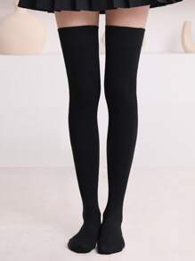 1雙女性素色過膝高襪子 - 黑色 - 查看 1