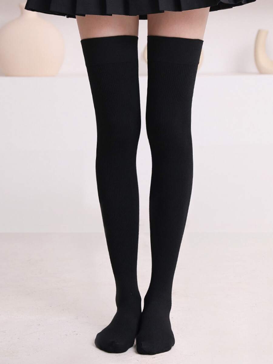 1雙女性素色過膝高襪子 - 黑色 - 查看 1