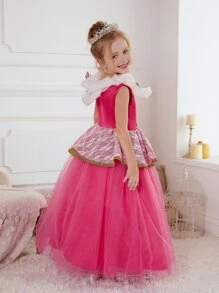 Young Girl Butterfly Print Ruffle Trim Gown Dress - Hot Pink - View 4