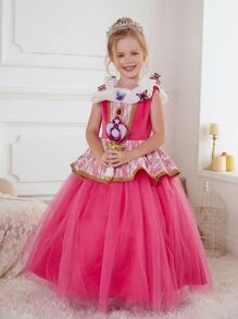Young Girl Butterfly Print Ruffle Trim Gown Dress - Hot Pink - View 3