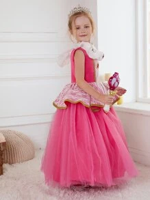 Young Girl Butterfly Print Ruffle Trim Gown Dress - Hot Pink - View 1