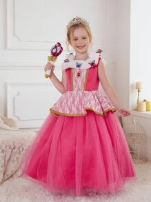 Young Girl Butterfly Print Ruffle Trim Gown Dress - Hot Pink - View 2