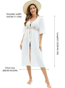 1 件镂空系带可穿戴沙滩巾，白色防晒时尚遮盖物，适合夏季度假旅行必备品，旅行配件，海滩必备品 - 白色 - 查看 7