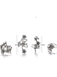 4 件套仿古银色复古镂空花朵和藤蔓形女士戒指，个性化时尚情人节 - 古銀色花藤 - 查看 4