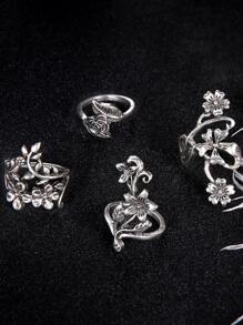4 件套仿古银色复古镂空花朵和藤蔓形女士戒指，个性化时尚情人节 - 古銀色花藤 - 查看 3