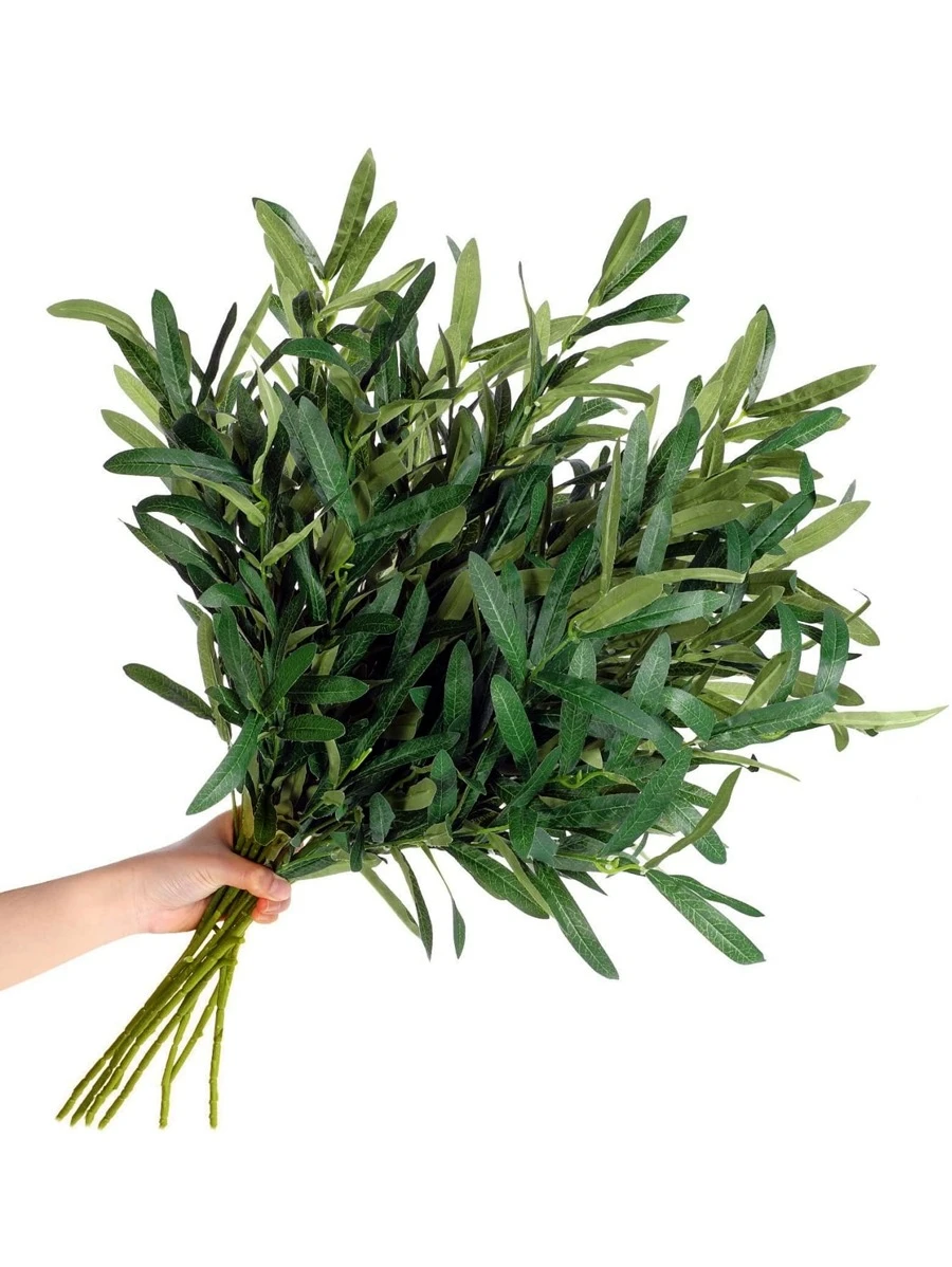 MEHELANY 5支人造橄榄枝绿植，仿真橄榄叶丝绸植物，适用于婚礼拱门装饰、桌面花艺摆设、花瓶填充、家居派对装饰 - 綠色 - 查看 1