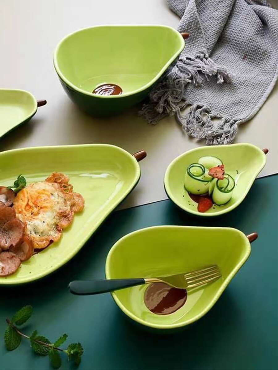 1 pieza Conjunto de vajilla cerámica, tazón con forma de aguacate lindo para ensalada de frutas y desayuno, útiles escolares, regalo de Navidad - Verde militar - Ver 1
