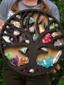 1pc Life Tree Design Wooden Wall Mounted Shelf With Crystal Decoration For Home Decor And Storage - Black - View 2