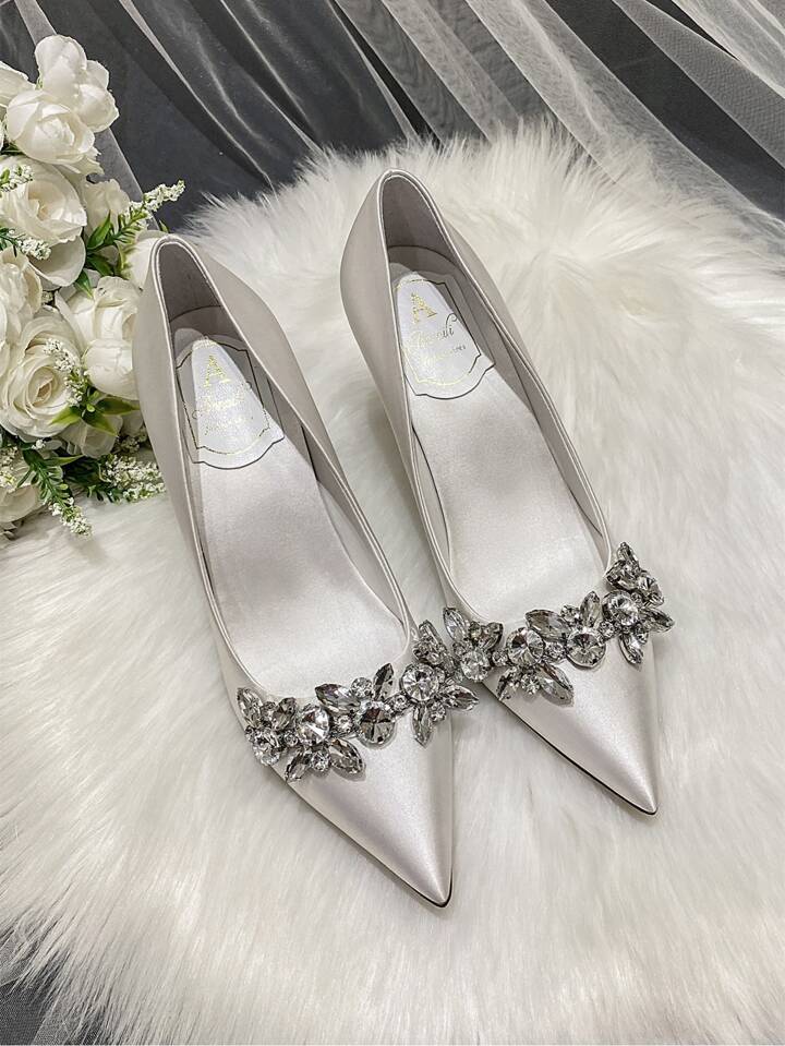 Bridal Shoes Women's White High Heels, Pointed Toe Rhinestone Satin Dress  Shoes, Wedding Party Pumps | SHEIN EUR