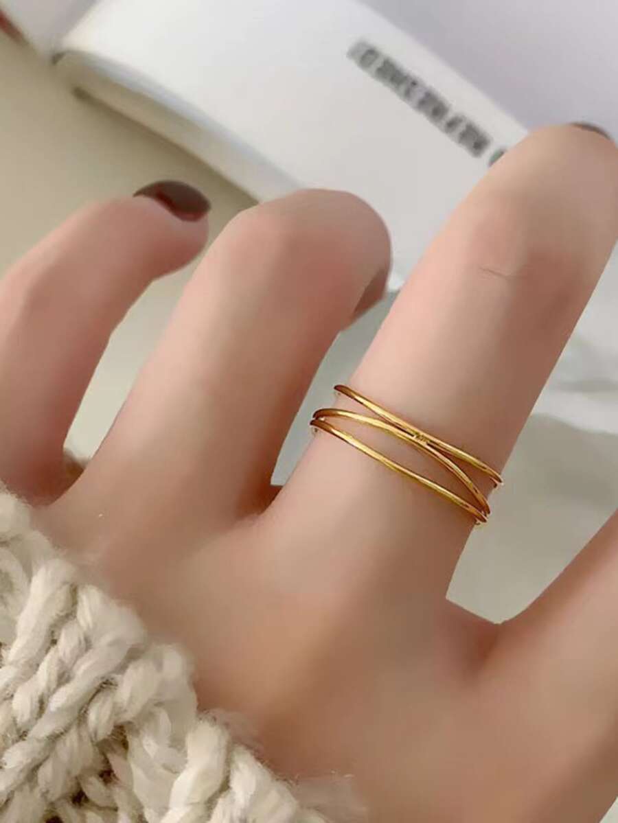 1 chiếc nhẫn thiết kế theo phong cách Pháp, thời trang, đơn giản, đa năng, cá nhân hóa, tinh tế đan xen ba chiếc cho phụ nữ đeo hàng ngày - Vàng - Xem 1
