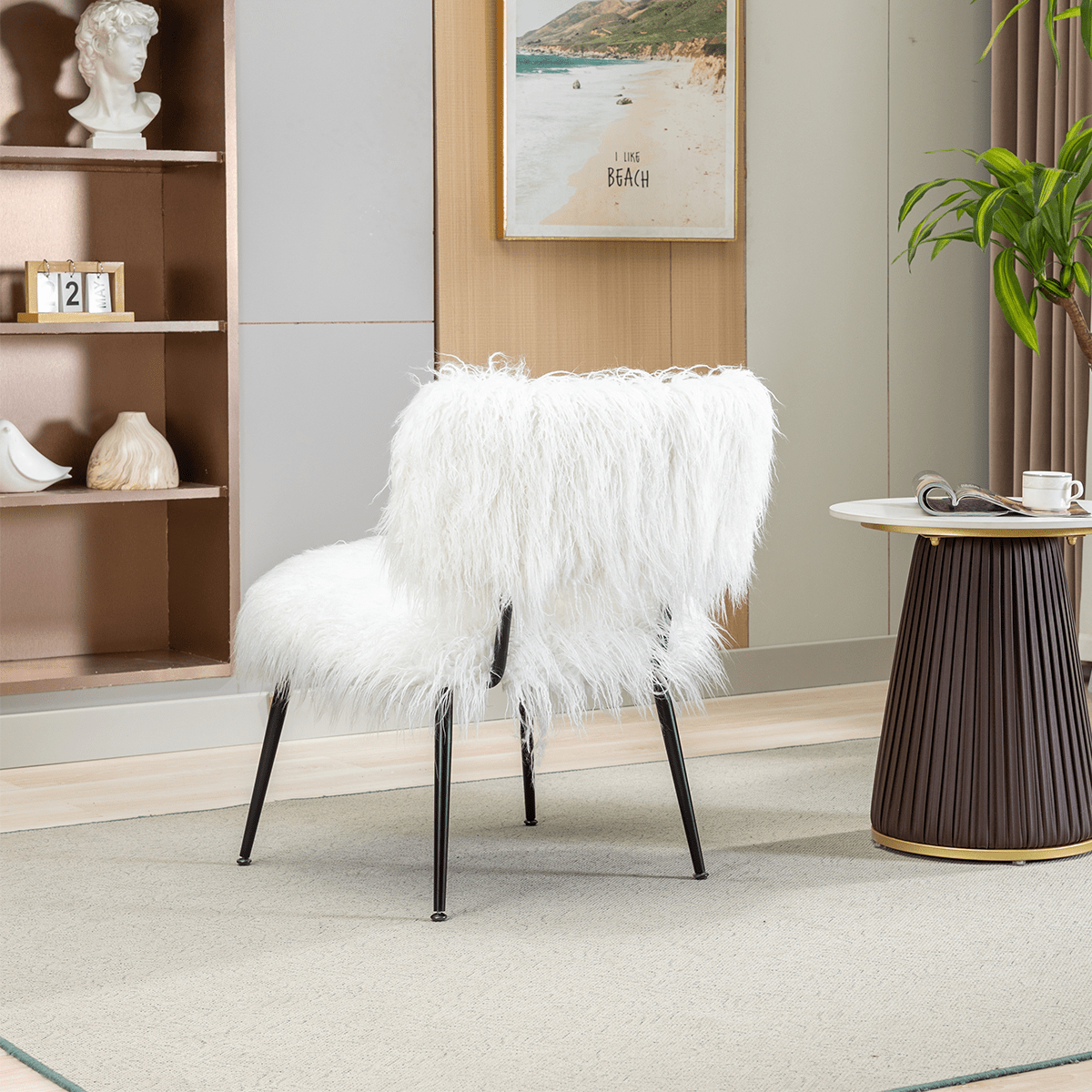 Accent Chair With Ottoman, Artificial Fur Plush Living Room Chair With