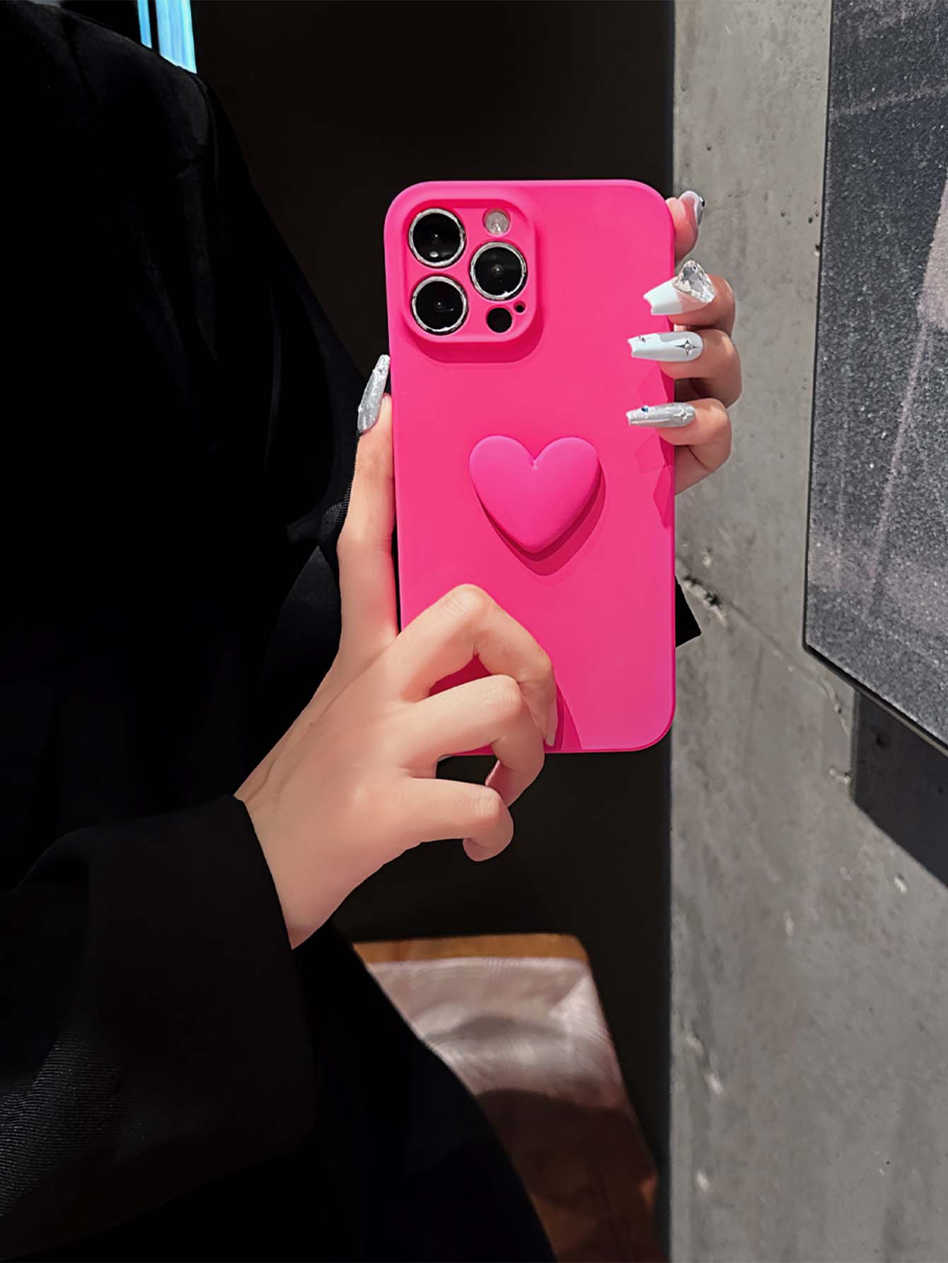 3D Heart Decor Phone Case - Hot Pink - View 1