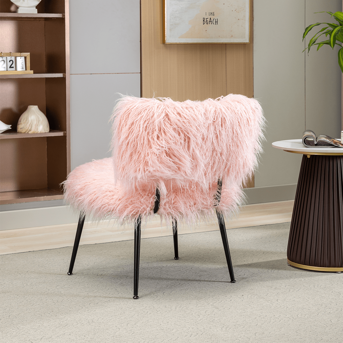 Accent Chair With Ottoman, Artificial Fur Plush Living Room Chair With