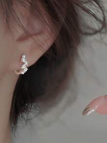 1雙小&極簡風格&水鑽裝飾圓耳環帶獨特設計 - 復古銀色 - 查看 4