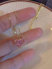 1入組時尚簡約風粉色的心形墜飾項鍊,多用途適用於度假,派對,日期,日常穿著,禮品 - 金黃色 - 查看 1