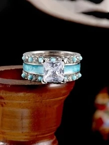 3pcs Euramerican Style Simple Design Engagement Ring With Blue Turquoise Stone For Women - Silver - View 4