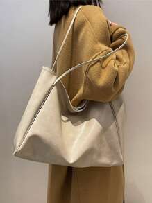 纯色简约设计大容量手提包适合日常通勤书包、返校背包、轻便、便携、大容量、商务休闲、适合少女、女大学生、新秀和白领工作者，非常适合返校、大学、中学、高中、开学第一天、工作、商务、通勤 - 米色 - 查看 2