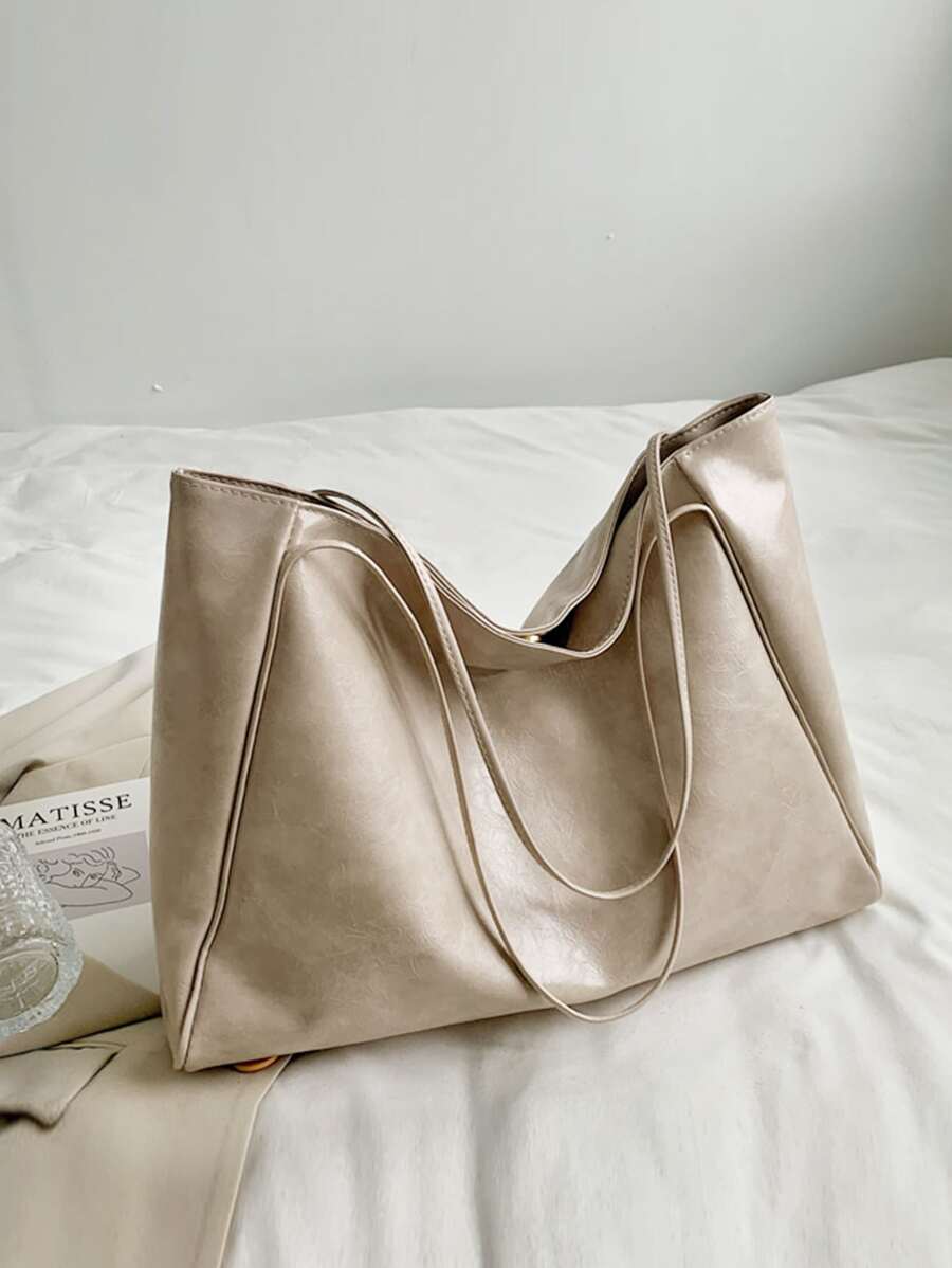 纯色简约设计大容量手提包适合日常通勤书包、返校背包、轻便、便携、大容量、商务休闲、适合少女、女大学生、新秀和白领工作者，非常适合返校、大学、中学、高中、开学第一天、工作、商务、通勤 - 米色 - 查看 1