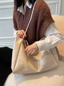 纯色简约设计大容量手提包适合日常通勤书包、返校背包、轻便、便携、大容量、商务休闲、适合少女、女大学生、新秀和白领工作者，非常适合返校、大学、中学、高中、开学第一天、工作、商务、通勤 - 米色 - 查看 3