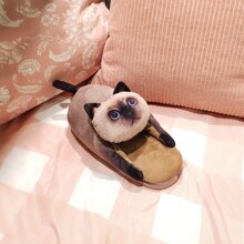 女性溫暖毛絨卡通貓拖鞋,家庭鞋,聖誕禮品(暹羅貓) - 卡其色 - 查看 3