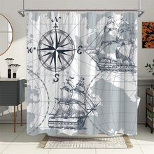 1pc Nautical Compass Shower Curtain Retro Boat World Map Waterproof Fabric Bathroom Decoration Screen With Hooks - Yellow - View 3