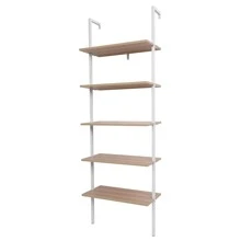 5-Tier Wood Ladder Bookcase with Metal Frame, Wall Mounted Industrial Shelves, Walnut - Màu be - Xem 1