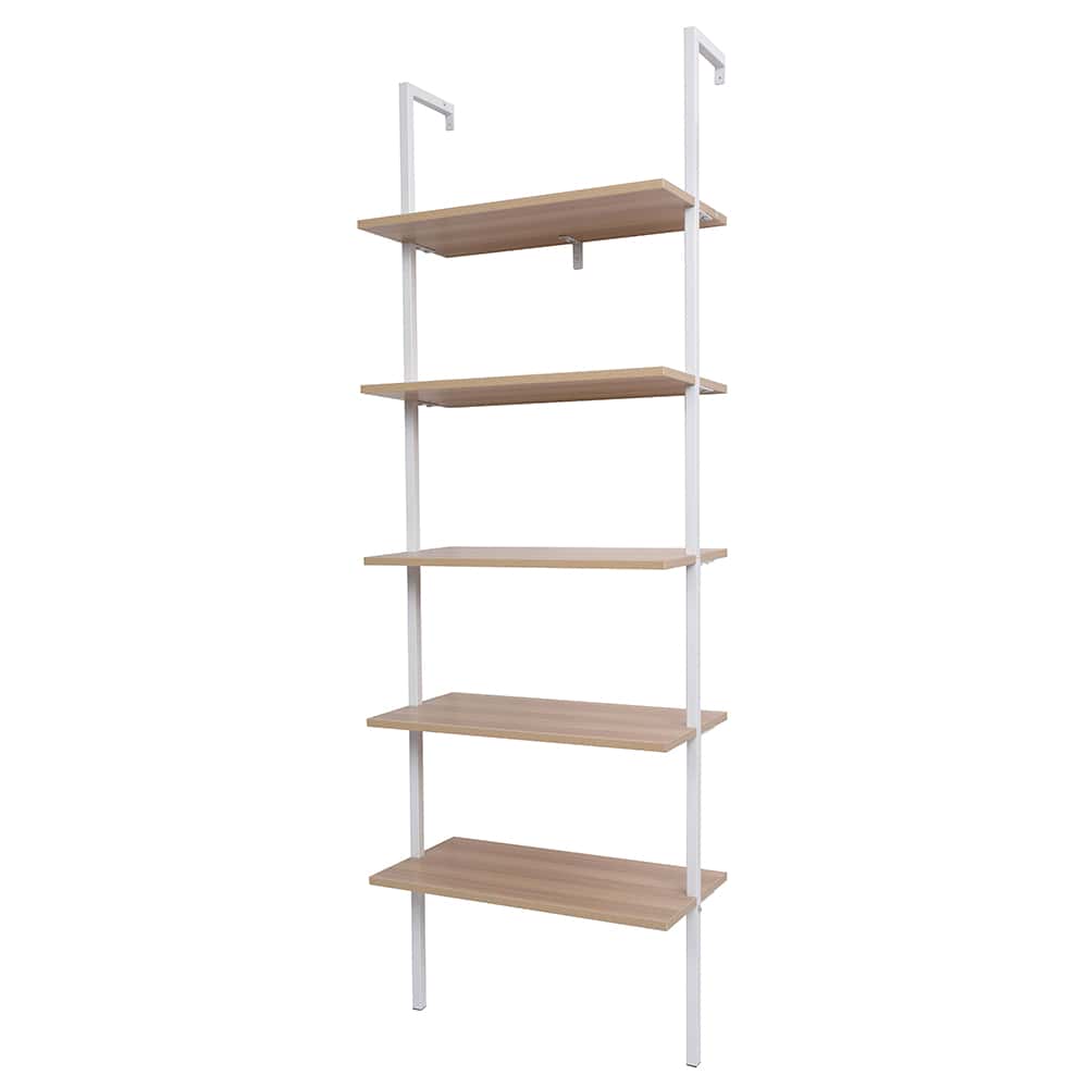 5-Tier Wood Ladder Bookcase with Metal Frame, Wall Mounted Industrial Shelves, Walnut - Màu be - Xem 1