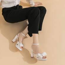 Amoji Women Chunky Platform Heels Bowknot Pleated Heeled Sandals Dressy Block Heels Prom Shoes Wedding Party - White - View 5