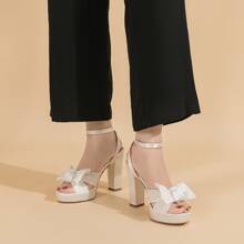 Amoji Women Chunky Platform Heels Bowknot Pleated Heeled Sandals Dressy Block Heels Prom Shoes Wedding Party - White - View 8