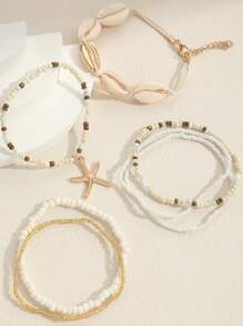 6入組/套波西米亞風格海星編織手鏈,海灘貝殼&米珠子手掌配件適合夏天