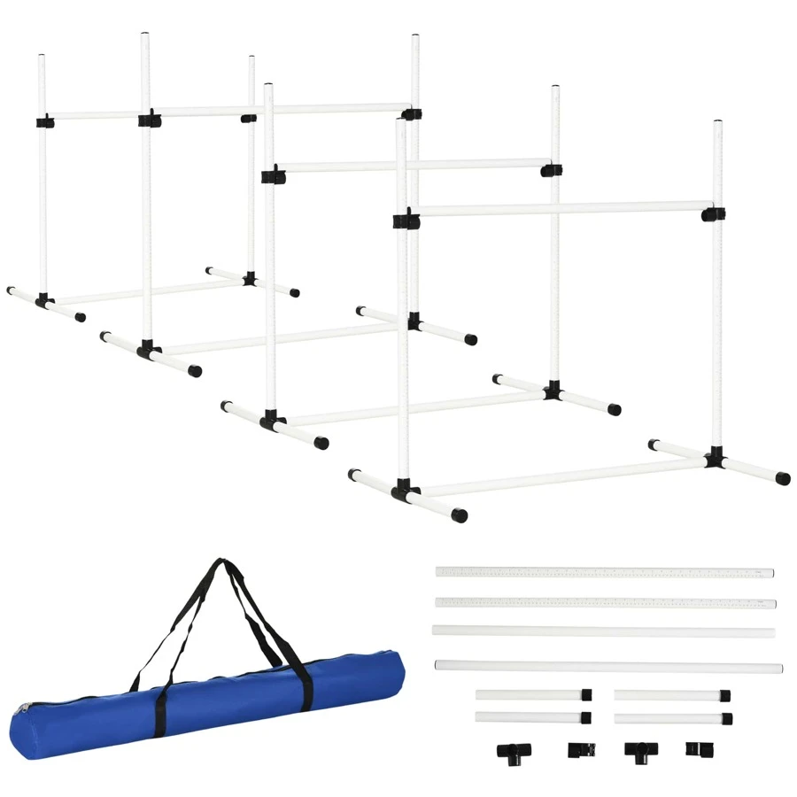 PawHut 4 Piece Dog Agility Training Equipment For Dog Agility Course With Adjustable Height Jump Bars, Included Carry Bag, & Displacing Top Bar, Blue - 白色 - 查看 1