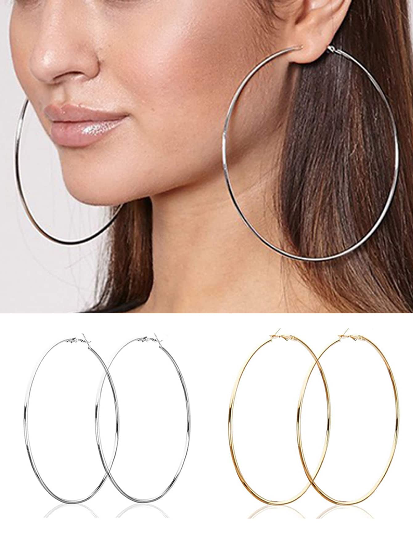2 Pairs 80mm Large Stainless Steel Round Hoop Earrings For Women And Girls, 3.15 Inch Minimalist Earrings - Yellow Gold - View 1