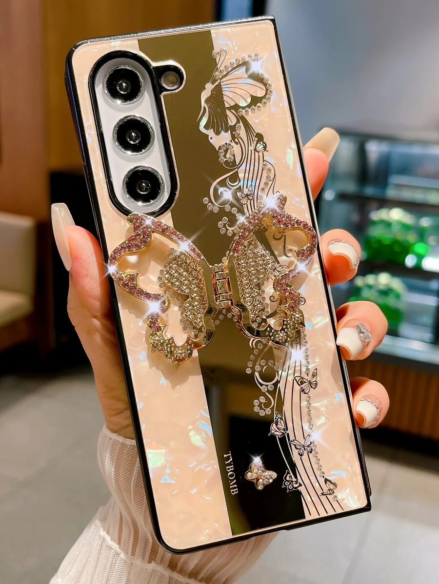 1 Miếng Vàng Gấp lại Hình Bướm Kim cương Dát Ốp lưng & bao da điện thoại Với Chống giọt bắn Đứng - Vàng - Xem 1