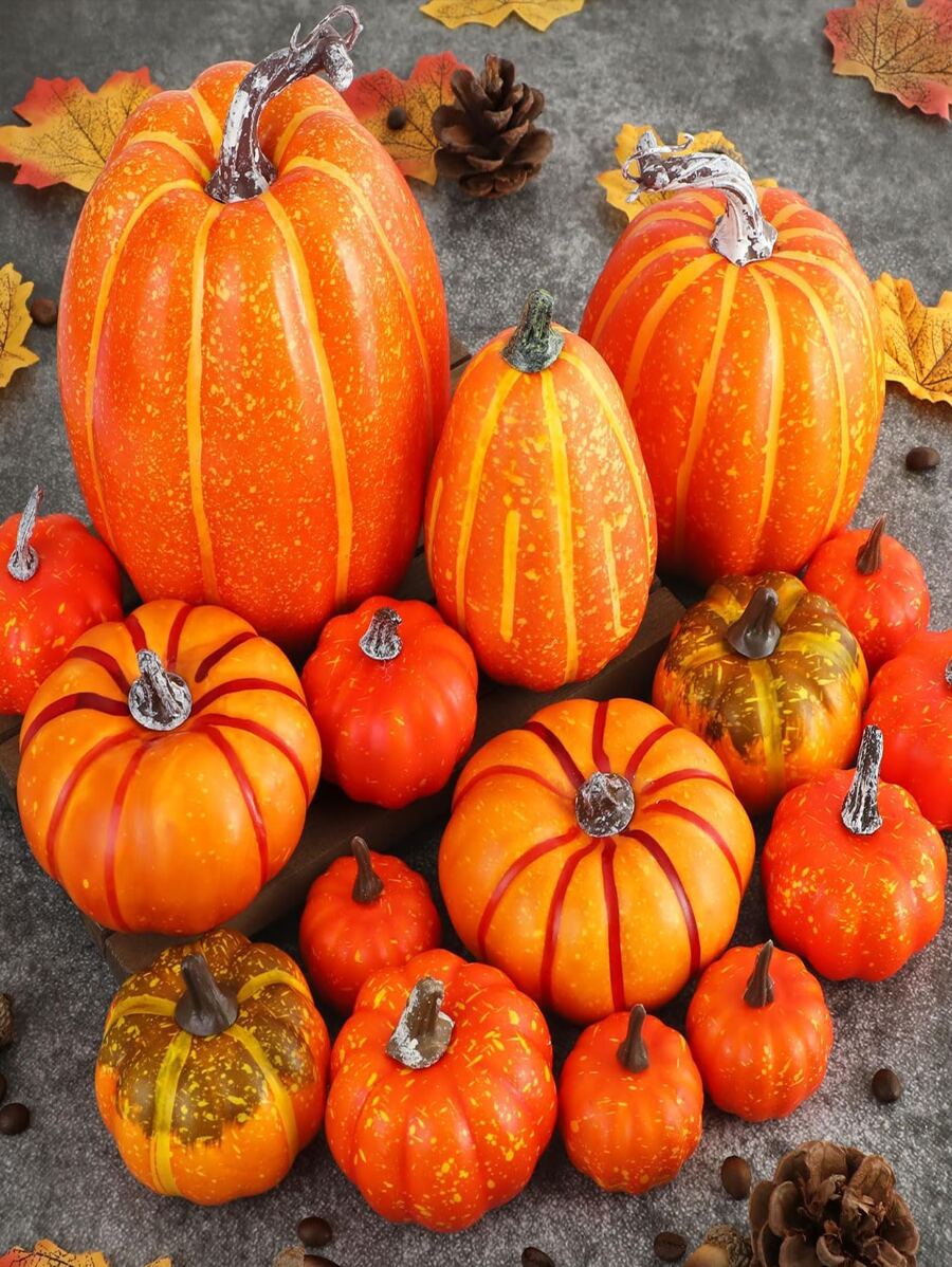 Pumpkin Fall Decorations, Decorative Large Small Outdoor Orange Foam Plastic Fake Faux Artificial Pumpkins for Halloween Autumn Harvest Festival Home Table Decor 12pcs - 橘色 - 查看 1