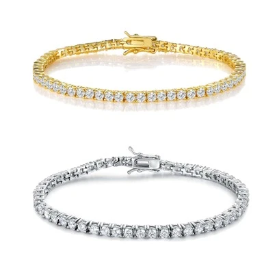 MDFUN 2条14K白金/镀金3毫米立方氧化锆经典网球手链，男女通用 | 尺寸6-8英寸